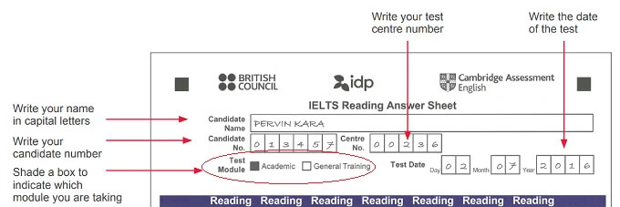 Phần điền thông tin cá nhân của IELTS Answer Sheet Reading và Listening Test Module
